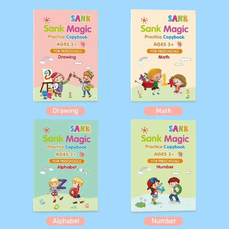 Magic Practice Copybook, Reusable Writing Practice Book, for Preschool Kids Age 3-8yrs (4 Books with 1 Pen ,8 Pen Refills & 1 Pen Holder)