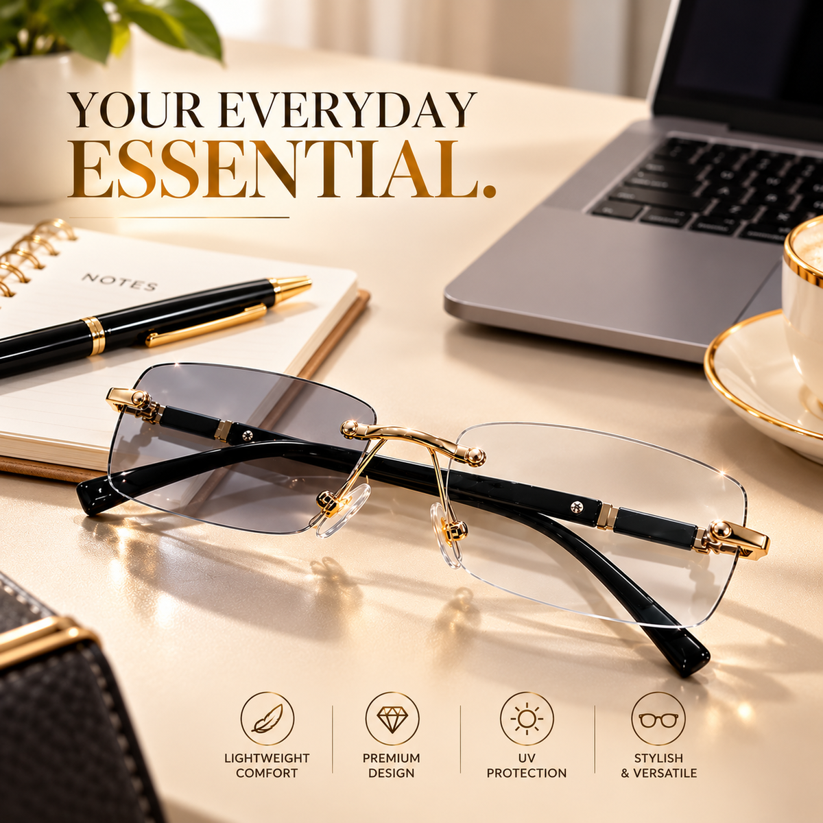 Premium Rimless Photochromic Glasses – With Anti-Blue Light & UV400 Protection