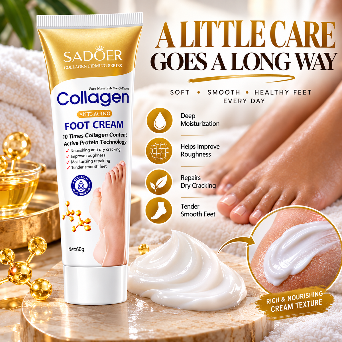 Collagen Foot Cream For Dry Cracked Feet Repair - Restoring Heel & Foot Moisture for Rough Dry Feet - 60g