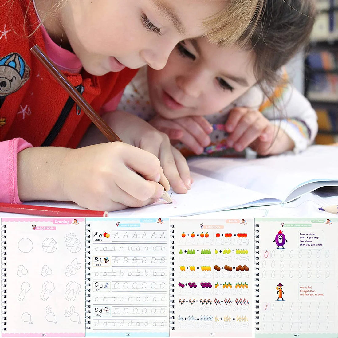 Magic Practice Copybook, Reusable Writing Practice Book, for Preschool Kids Age 3-8yrs (4 Books with 1 Pen ,8 Pen Refills & 1 Pen Holder)