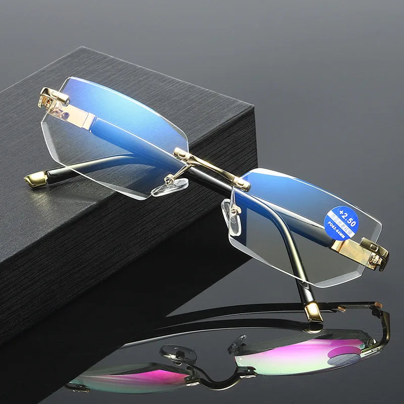 High Tech Metal Rimless Anti Blue Light Reading Glasses | Advanced 99% Blue Light Blocking Computer Glasses - Anti Eyestrain & UV Glare Protection