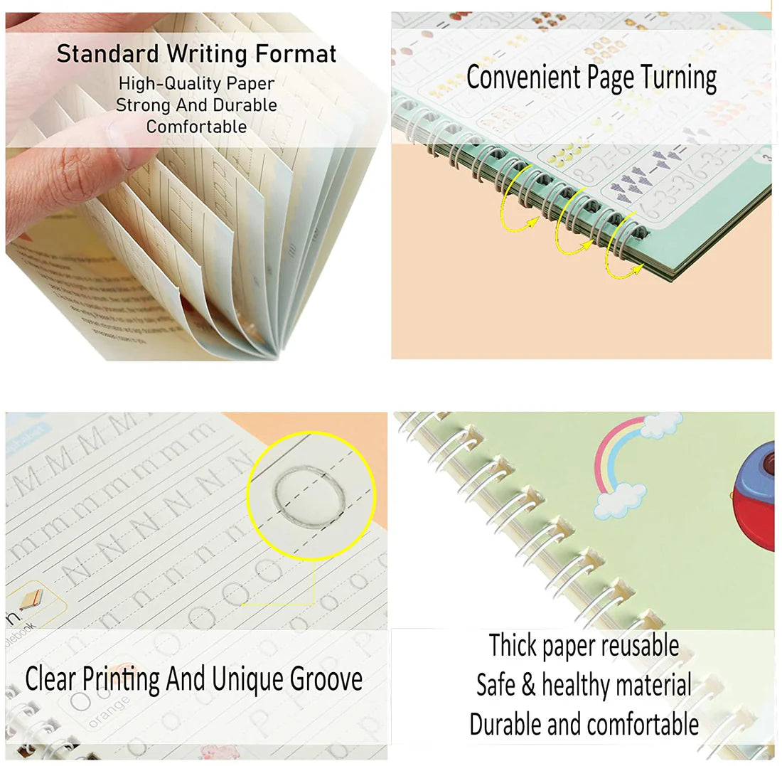 Magic Practice Copybook, Reusable Writing Practice Book, for Preschool Kids Age 3-8yrs (4 Books with 1 Pen ,8 Pen Refills & 1 Pen Holder)