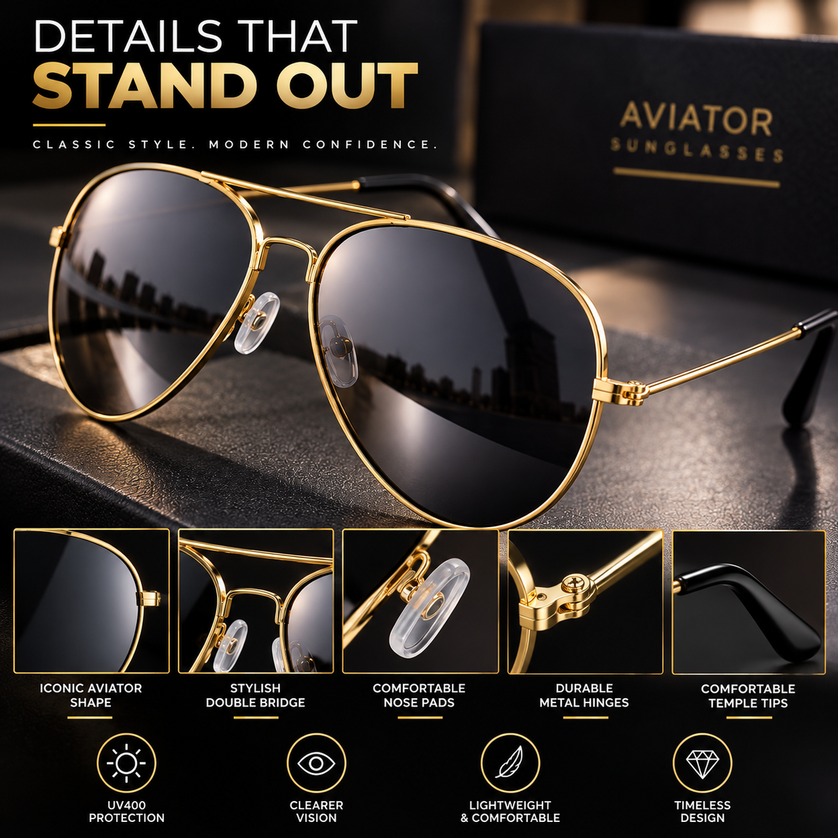 Unisex Polarized Aviator Sunglasses With UV Protection