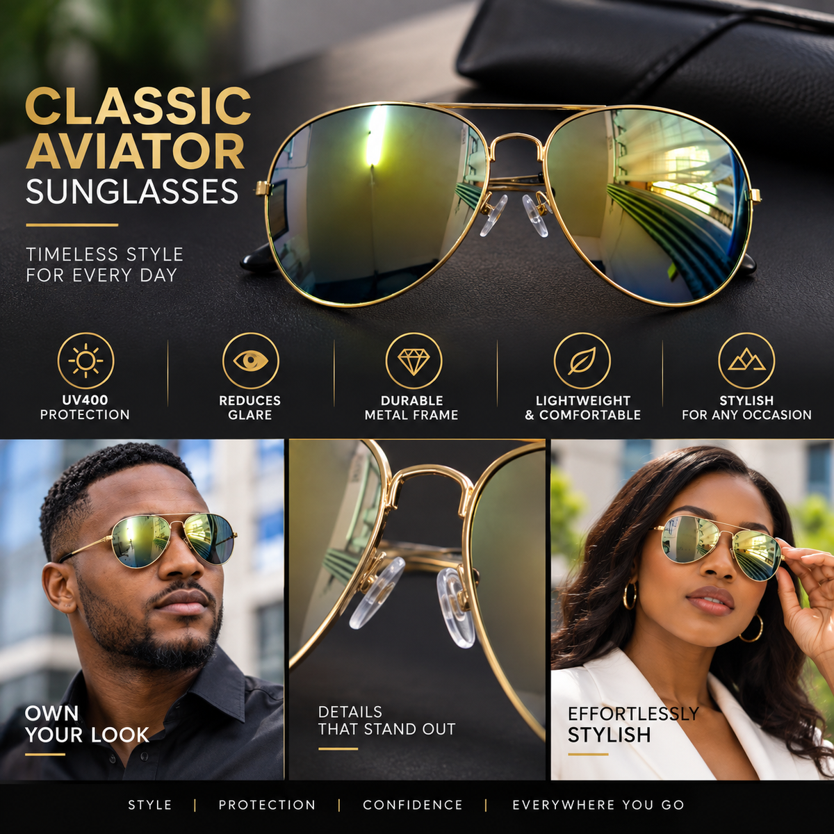 Unisex Polarized Aviator Sunglasses With UV Protection