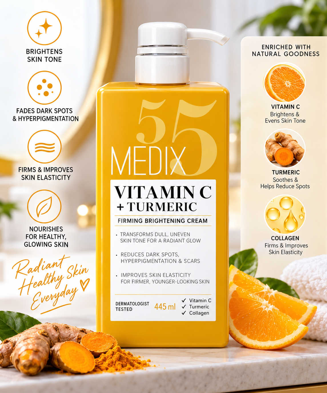 MEDIX Vitamin C + Turmeric Brightening Body Lotion - Anti Aging Moisturizer Lotion To Soften The Look Of Dark Spots, Wrinkles & Uneven Looking Skin Tone – 444 mls