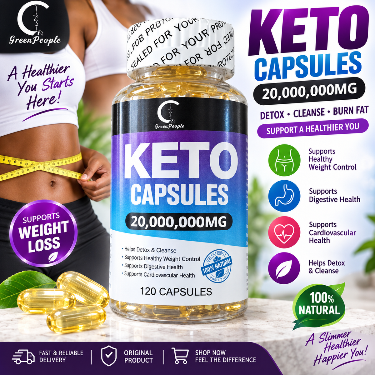 KETO Capsules - Ketone Capsules for Ketosis Support, Sustained Energy, Focus & Metabolism for Women & Men - 120 Capsules (60 days Use)