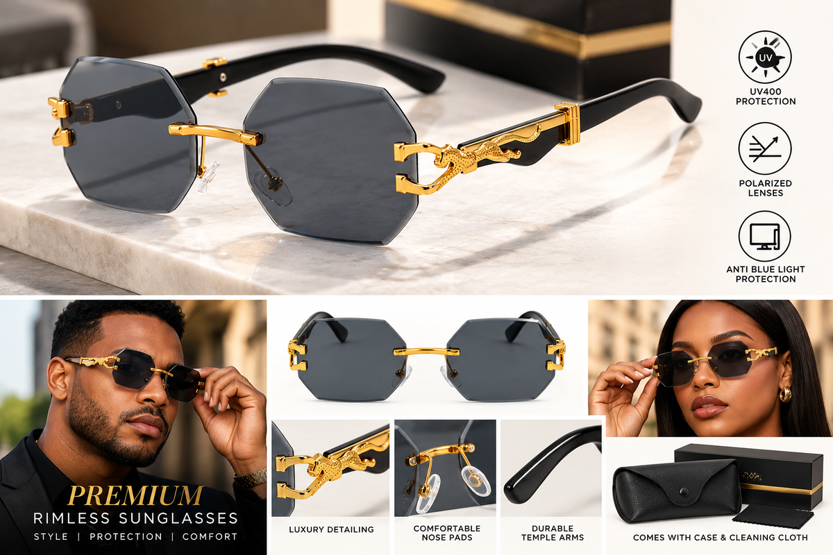 Italian Luxe Diamond-Cut Rimless Sunglasses - With UV400 protection, Polarized lenses & Anti-Blue light protection