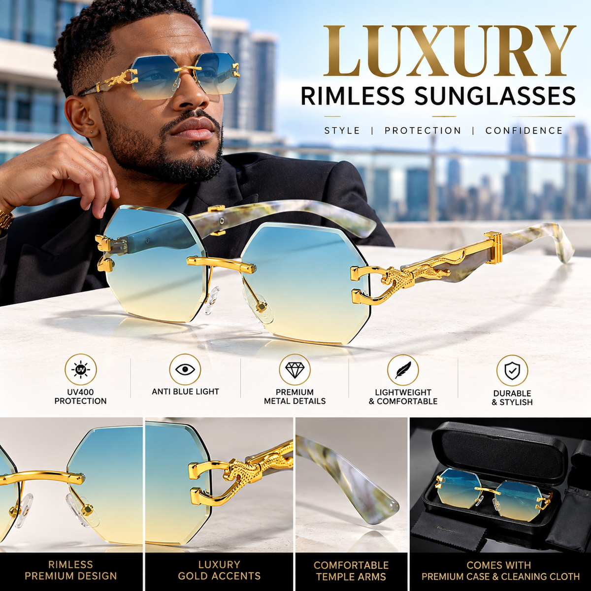Italian Luxe Diamond-Cut Rimless Sunglasses - With UV400 protection, Polarized lenses & Anti-Blue light protection