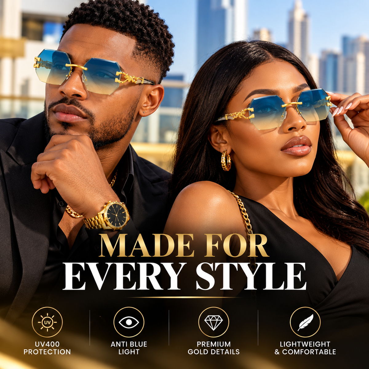 Italian Luxe Diamond-Cut Rimless Sunglasses - With UV400 protection, Polarized lenses & Anti-Blue light protection
