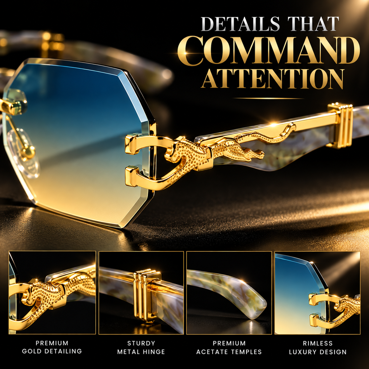 Italian Luxe Diamond-Cut Rimless Sunglasses - With UV400 protection, Polarized lenses & Anti-Blue light protection
