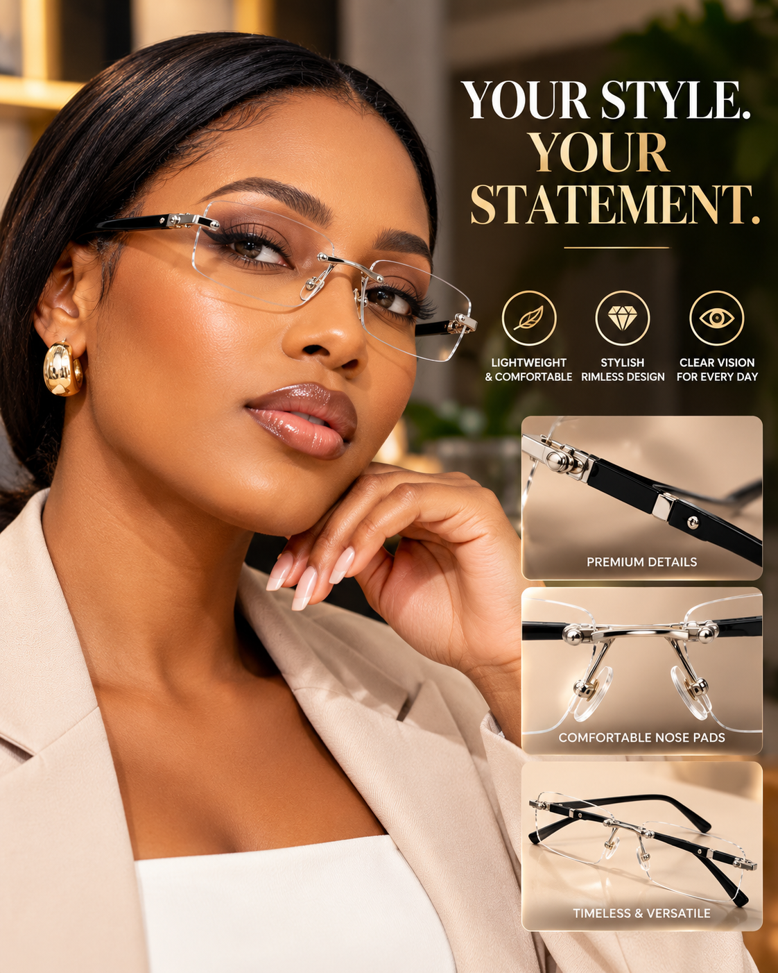 Premium Rimless Photochromic Glasses – With Anti-Blue Light & UV400 Protection