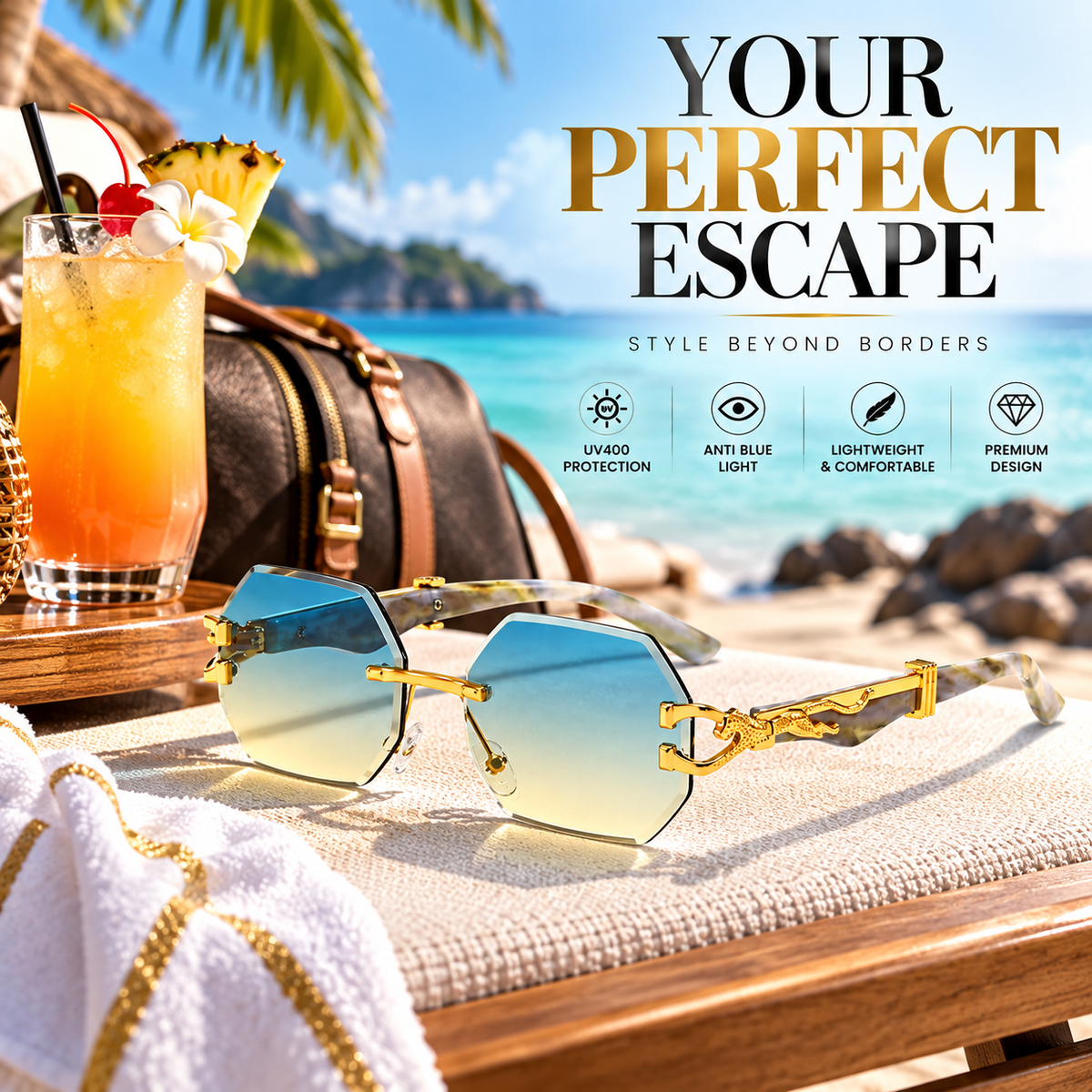 Italian Luxe Diamond-Cut Rimless Sunglasses - With UV400 protection, Polarized lenses & Anti-Blue light protection