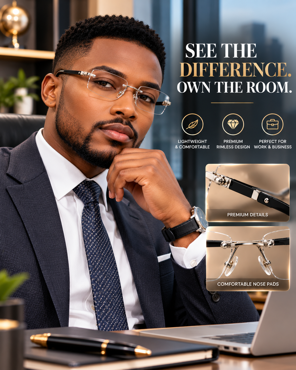 Premium Rimless Photochromic Glasses – With Anti-Blue Light & UV400 Protection
