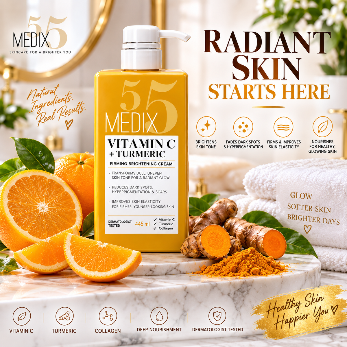 MEDIX Vitamin C + Turmeric Brightening Body Lotion - Anti Aging Moisturizer Lotion To Soften The Look Of Dark Spots, Wrinkles & Uneven Looking Skin Tone – 444 mls
