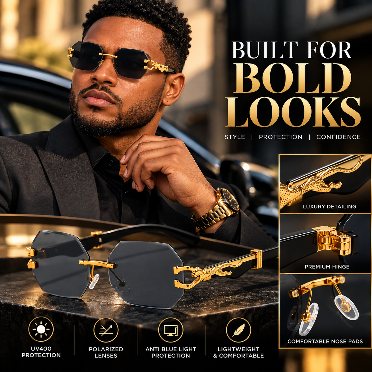 Italian Luxe Diamond-Cut Rimless Sunglasses - With UV400 protection, Polarized lenses & Anti-Blue light protection