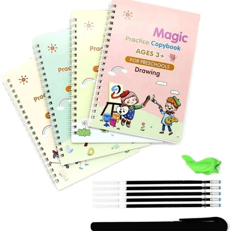 Magic Practice Copybook, Reusable Writing Practice Book, for Preschool Kids Age 3-8yrs (4 Books with 1 Pen ,8 Pen Refills & 1 Pen Holder)