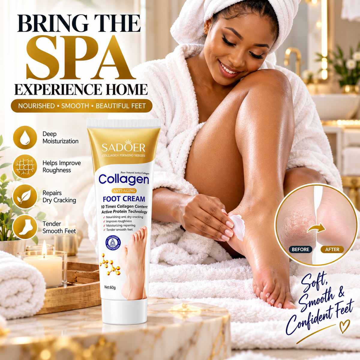 Collagen Foot Cream For Dry Cracked Feet Repair - Restoring Heel & Foot Moisture for Rough Dry Feet - 60g