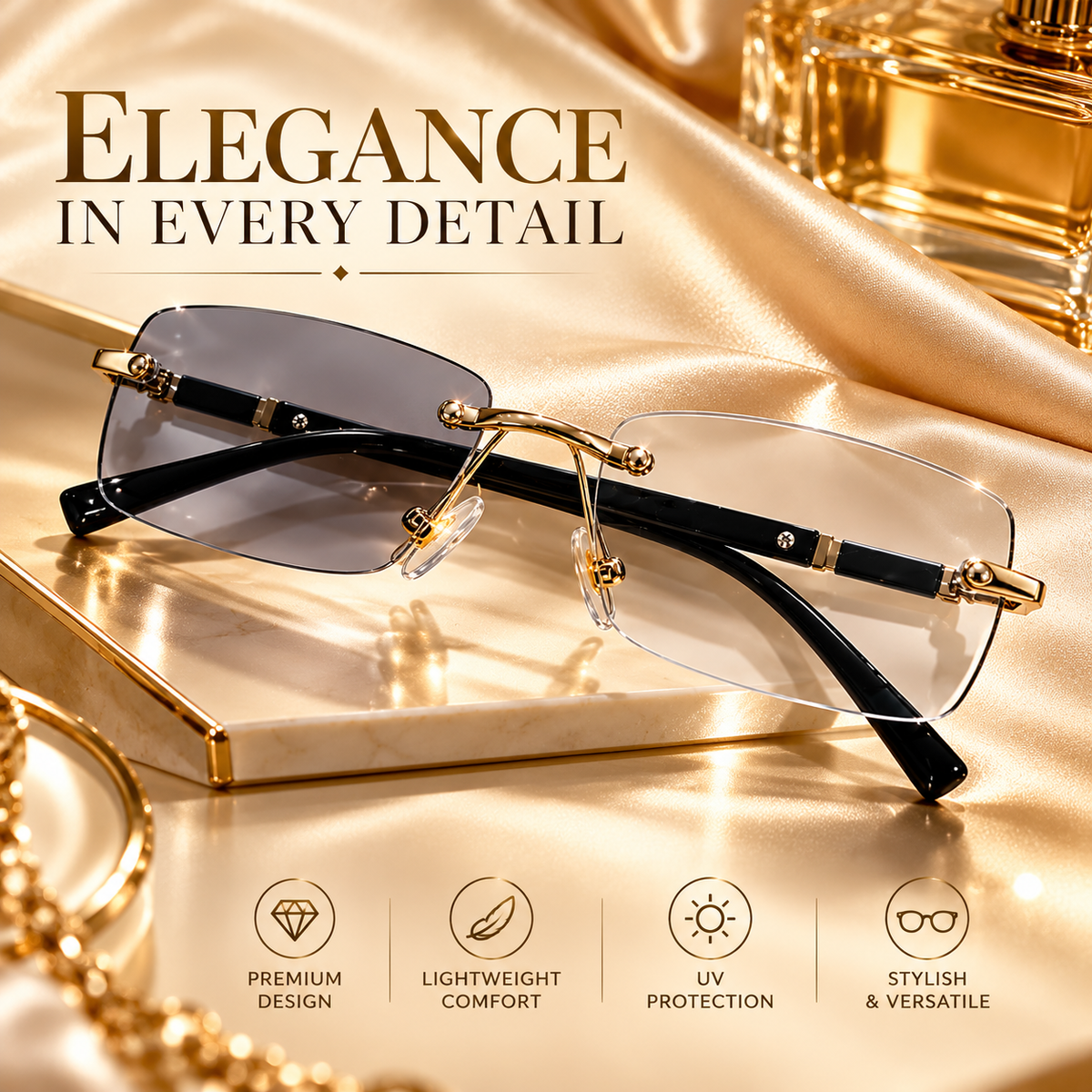 Premium Rimless Photochromic Glasses – With Anti-Blue Light & UV400 Protection