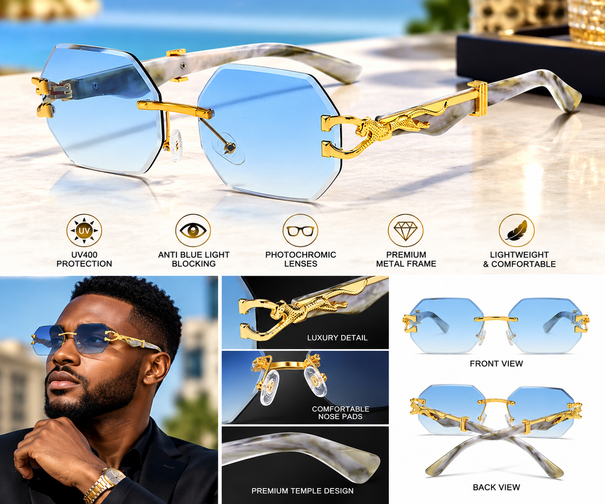 Italian Luxe Diamond-Cut Rimless Sunglasses - With UV400 protection, Polarized lenses & Anti-Blue light protection