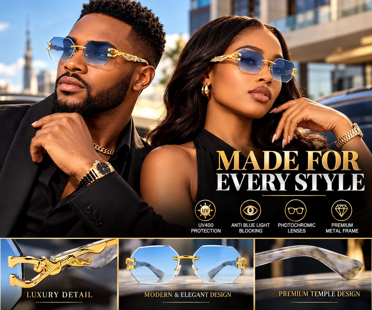 Italian Luxe Diamond-Cut Rimless Sunglasses - With UV400 protection, Polarized lenses & Anti-Blue light protection