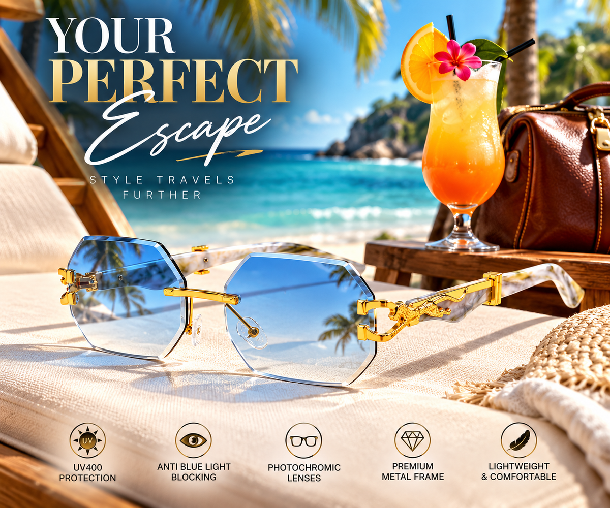 Italian Luxe Diamond-Cut Rimless Sunglasses - With UV400 protection, Polarized lenses & Anti-Blue light protection