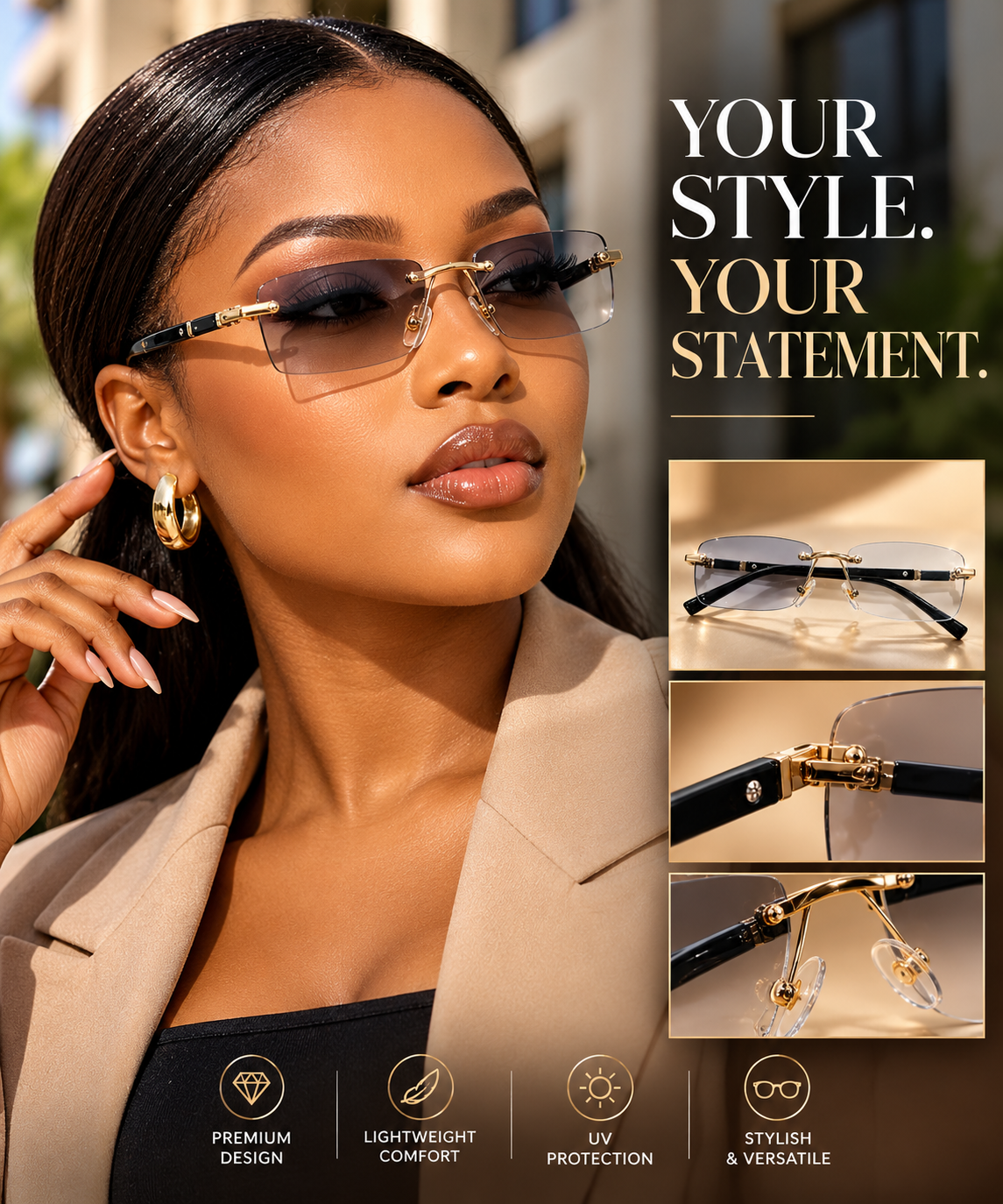 Premium Rimless Photochromic Glasses – With Anti-Blue Light & UV400 Protection