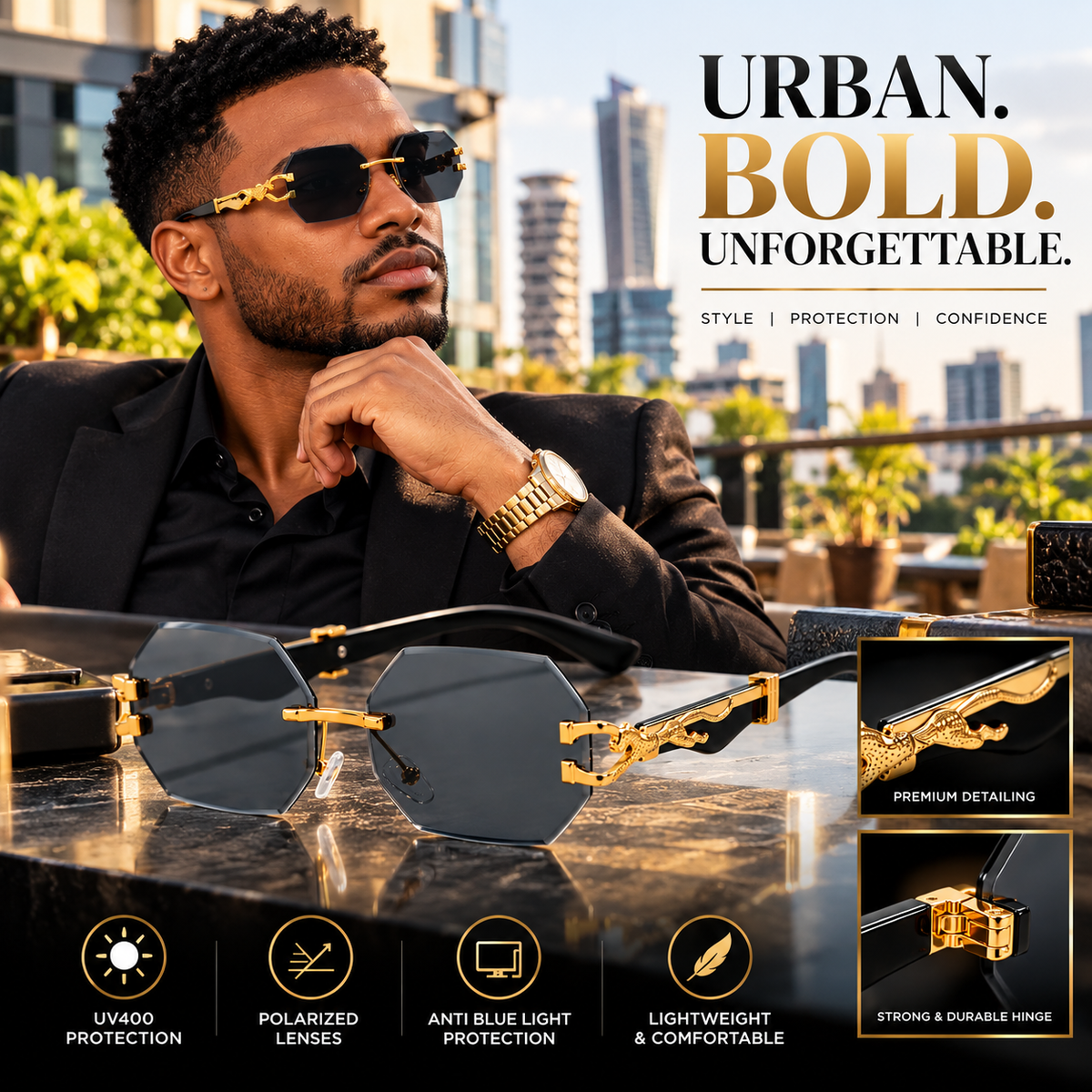 Italian Luxe Diamond-Cut Rimless Sunglasses - With UV400 protection, Polarized lenses & Anti-Blue light protection