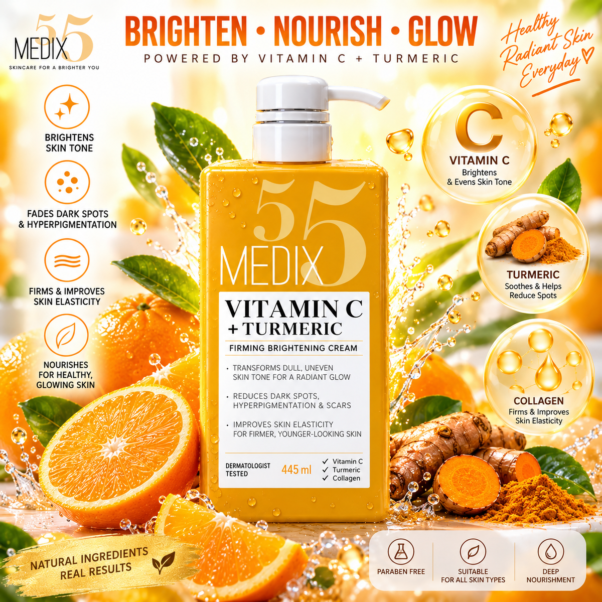 MEDIX Vitamin C + Turmeric Brightening Body Lotion - Anti Aging Moisturizer Lotion To Soften The Look Of Dark Spots, Wrinkles & Uneven Looking Skin Tone – 444 mls
