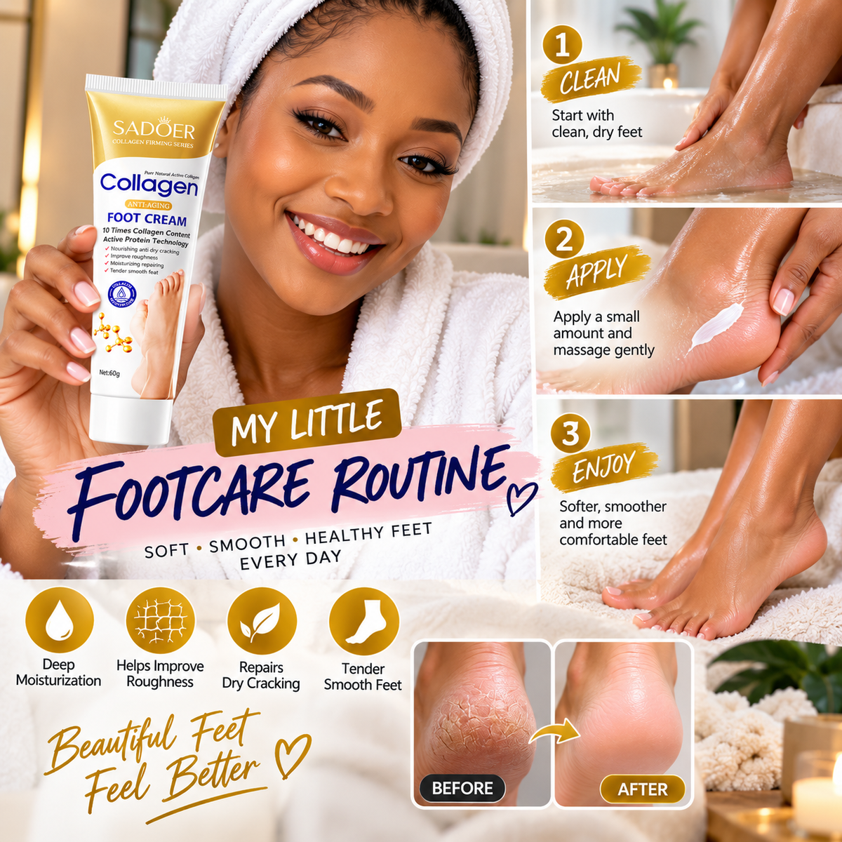 Collagen Foot Cream For Dry Cracked Feet Repair - Restoring Heel & Foot Moisture for Rough Dry Feet - 60g