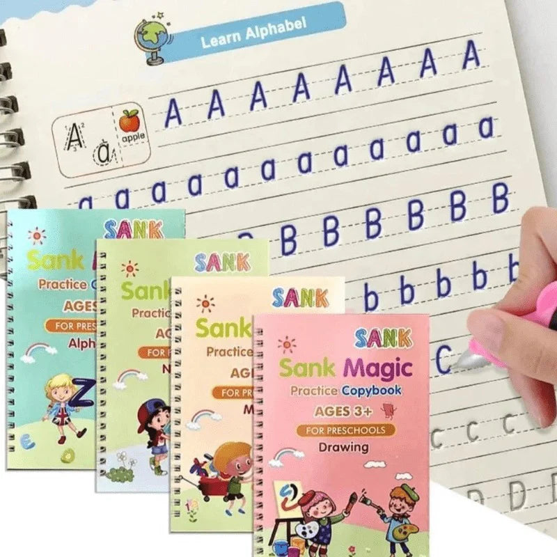 Magic Practice Copybook, Reusable Writing Practice Book, for Preschool Kids Age 3-8yrs (4 Books with 1 Pen ,8 Pen Refills & 1 Pen Holder)