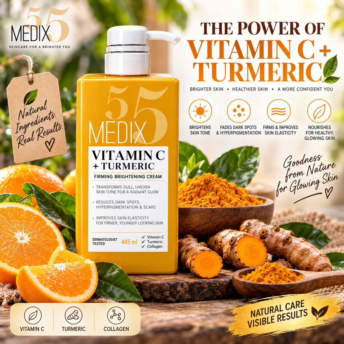 MEDIX Vitamin C + Turmeric Brightening Body Lotion - Anti Aging Moisturizer Lotion To Soften The Look Of Dark Spots, Wrinkles & Uneven Looking Skin Tone – 444 mls