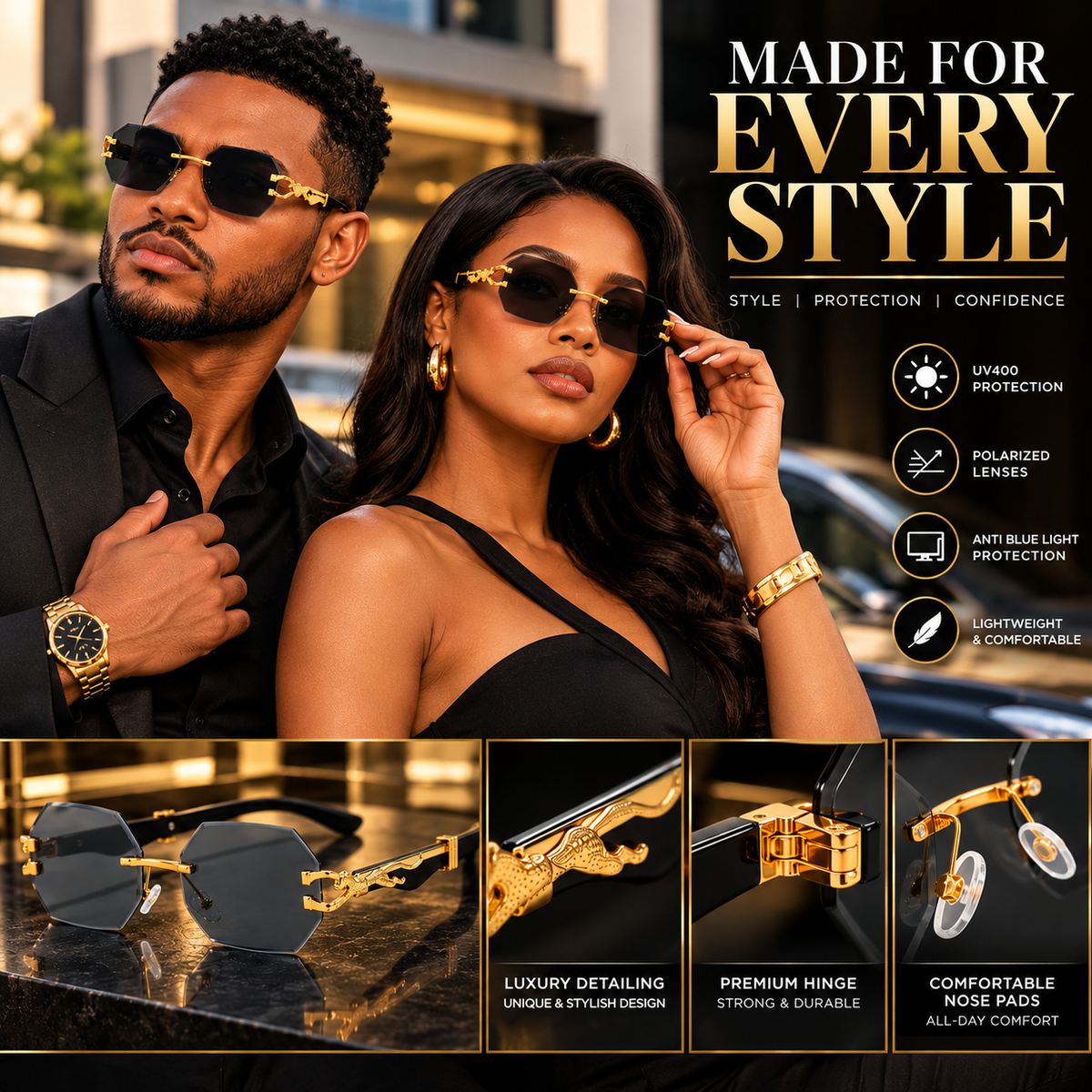 Italian Luxe Diamond-Cut Rimless Sunglasses - With UV400 protection, Polarized lenses & Anti-Blue light protection