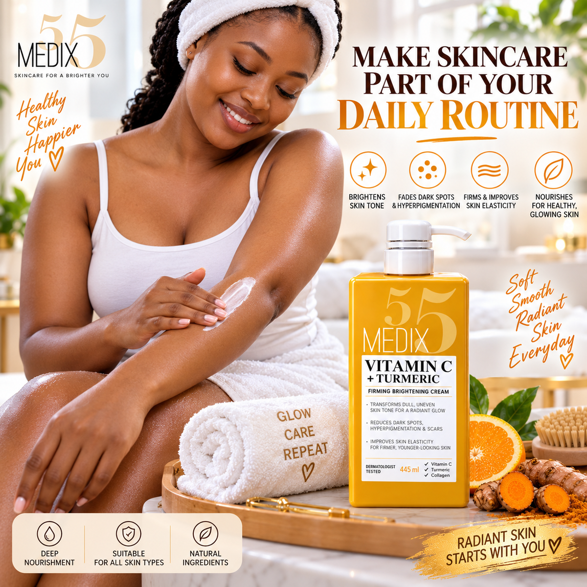 MEDIX Vitamin C + Turmeric Brightening Body Lotion - Anti Aging Moisturizer Lotion To Soften The Look Of Dark Spots, Wrinkles & Uneven Looking Skin Tone – 444 mls