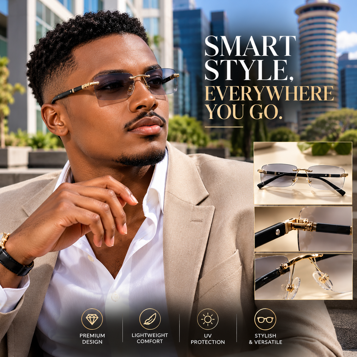 Premium Rimless Photochromic Glasses – With Anti-Blue Light & UV400 Protection