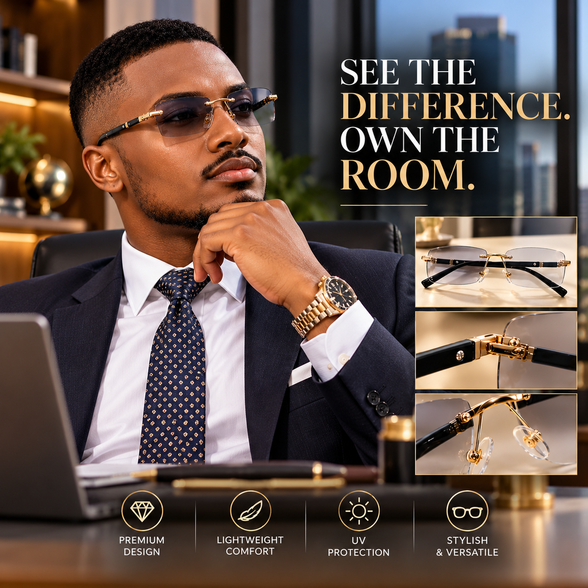 Premium Rimless Photochromic Glasses – With Anti-Blue Light & UV400 Protection