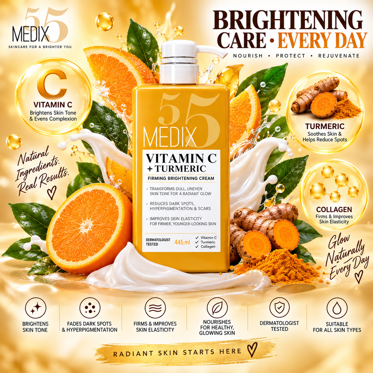 MEDIX Vitamin C + Turmeric Brightening Body Lotion - Anti Aging Moisturizer Lotion To Soften The Look Of Dark Spots, Wrinkles & Uneven Looking Skin Tone – 444 mls