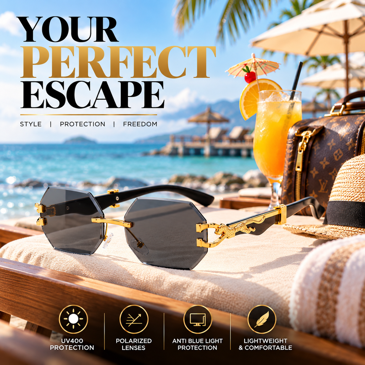 Italian Luxe Diamond-Cut Rimless Sunglasses - With UV400 protection, Polarized lenses & Anti-Blue light protection