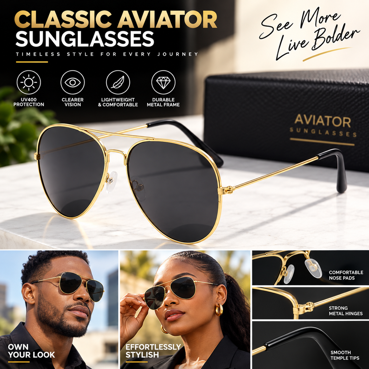 Unisex Polarized Aviator Sunglasses With UV Protection