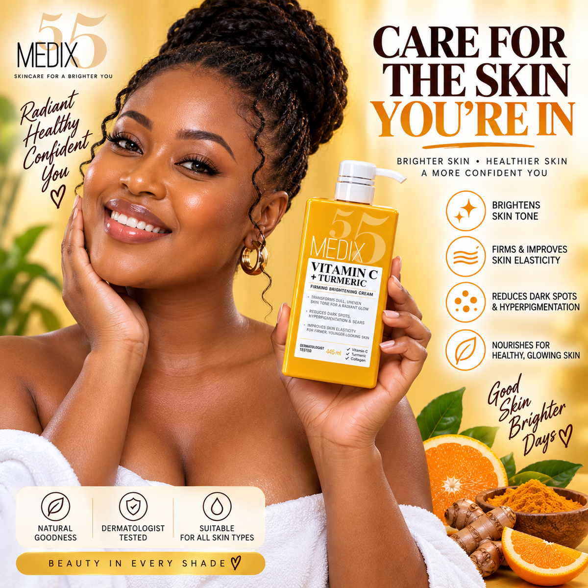 MEDIX Vitamin C + Turmeric Brightening Body Lotion - Anti Aging Moisturizer Lotion To Soften The Look Of Dark Spots, Wrinkles & Uneven Looking Skin Tone – 444 mls