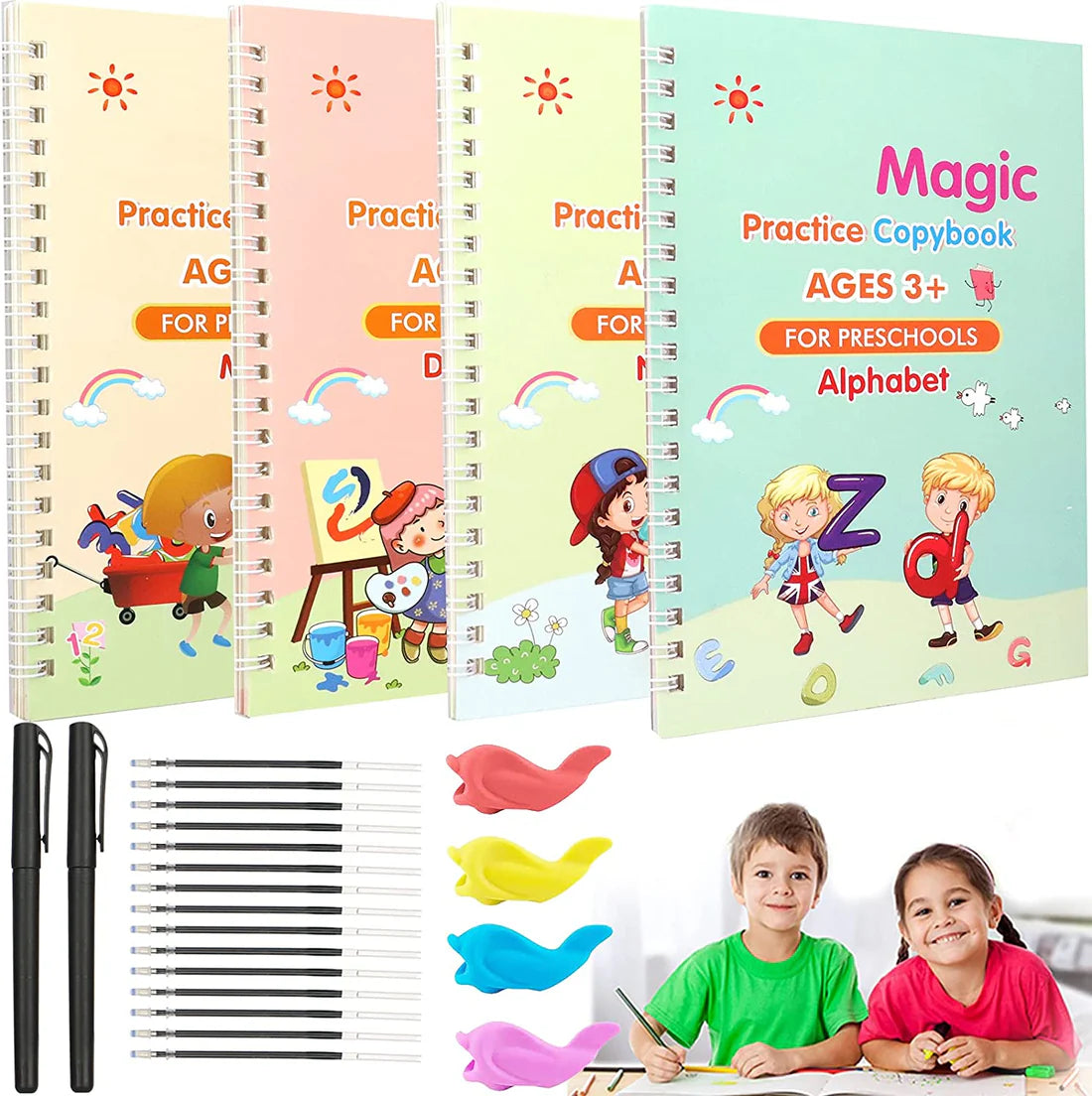 Magic Practice Copybook, Reusable Writing Practice Book, for Preschool Kids Age 3-8yrs (4 Books with 1 Pen ,8 Pen Refills & 1 Pen Holder)