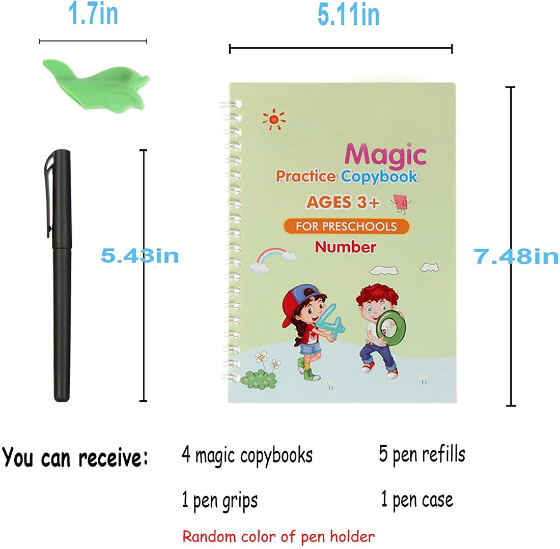 Magic Practice Copybook, Reusable Writing Practice Book, for Preschool Kids Age 3-8yrs (4 Books with 1 Pen ,8 Pen Refills & 1 Pen Holder)